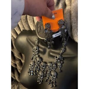 Natasha couture pave dangle black rhinestone skull collar necklace & earrings